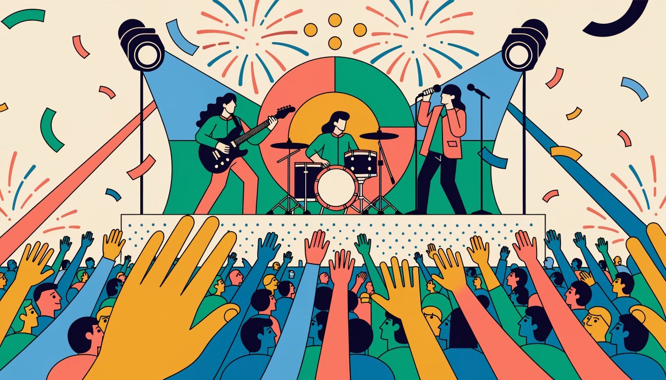 Illustrated Artist House festival stage — a live band performing to a cheering crowd under bright lights and fireworks
